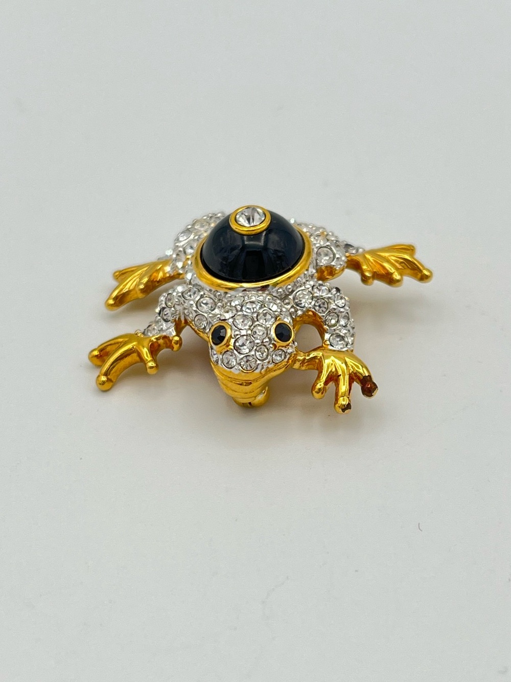 Swarovski Vintage Retired Pave Crystal Black Cabochon Frog Brooch Pin